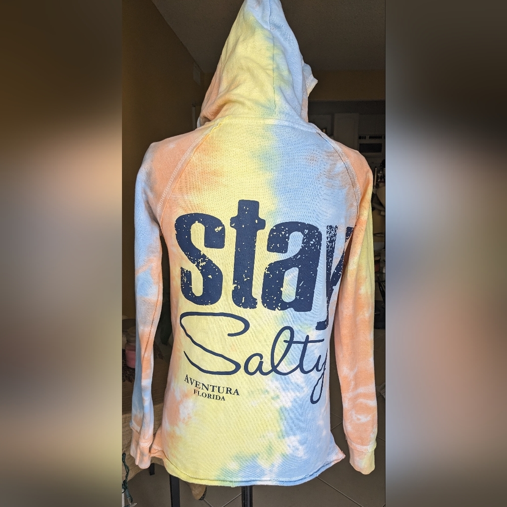 NWOT COMFORTEX "Stay Salty Aventura FL" Tye Dye Hooded Sweater Size Small